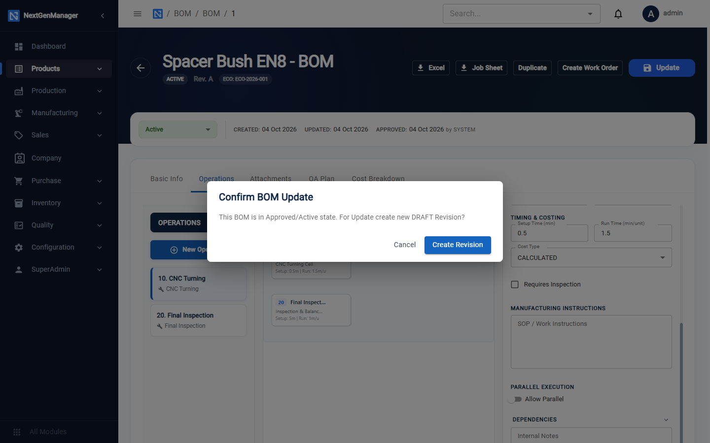 Updating an active BOM creates a revision