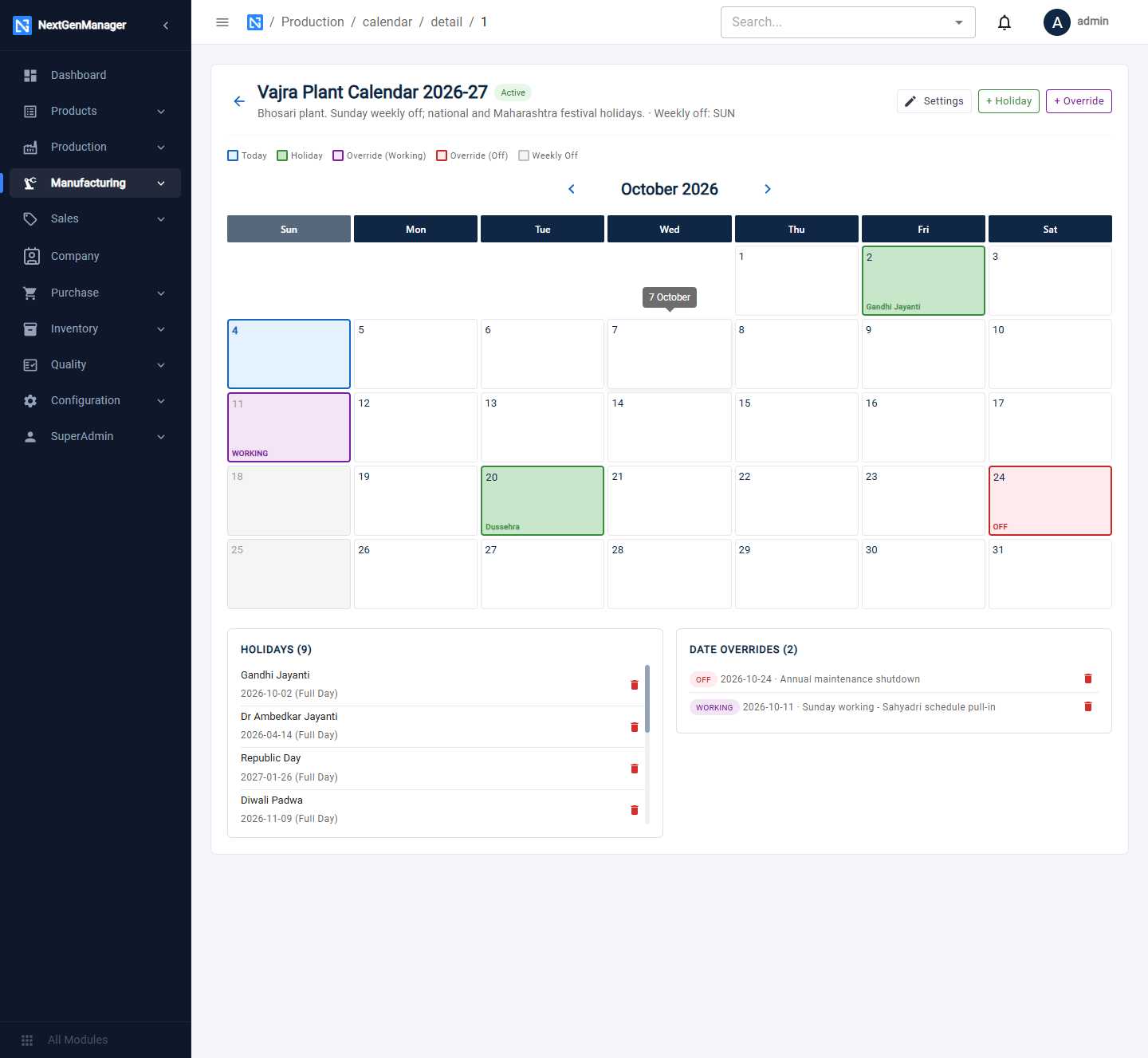 A calendar with holidays and overrides