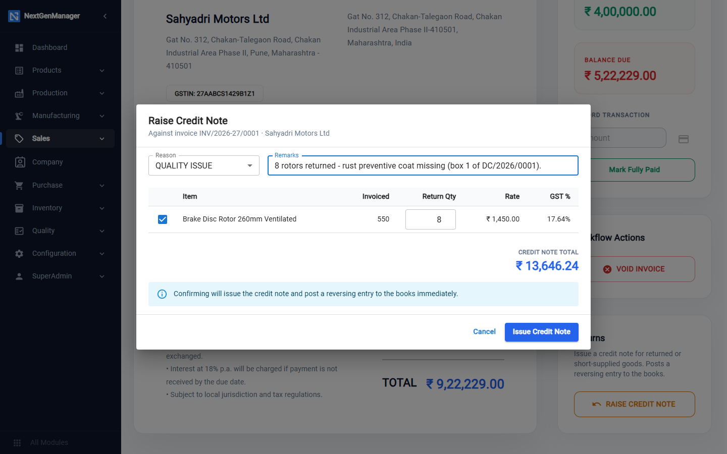 Raising a credit note