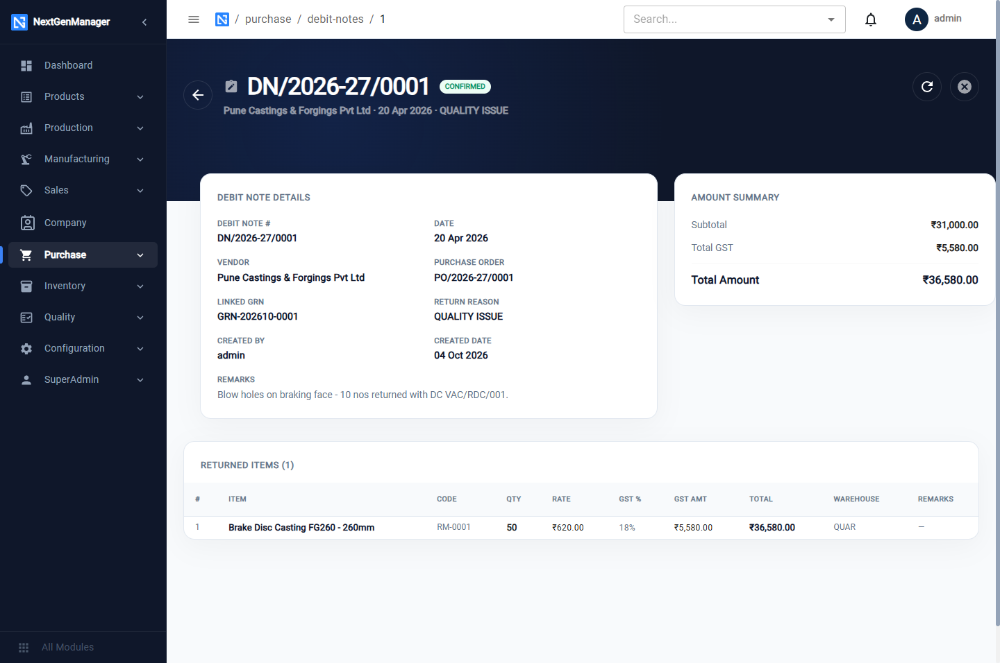 A confirmed debit note