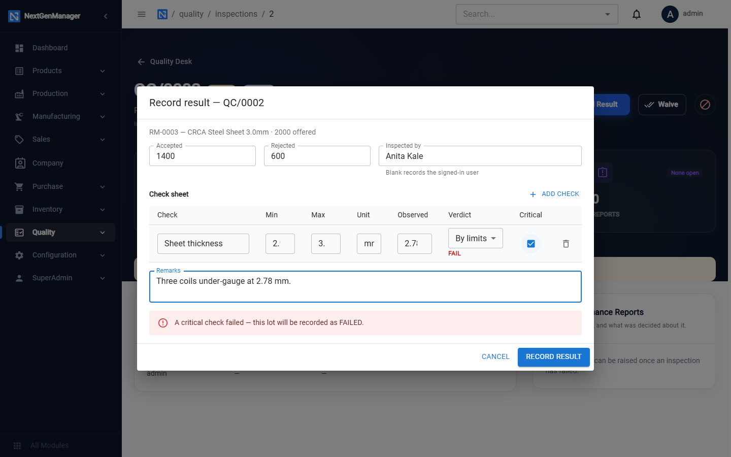 Recording a result with a check sheet