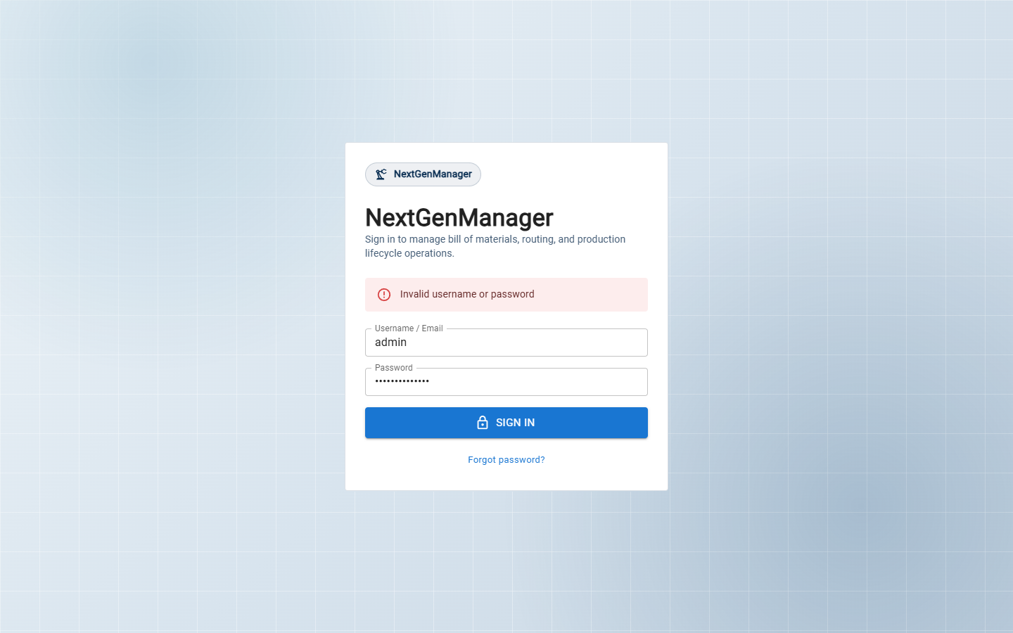 A wrong password is reported on the form