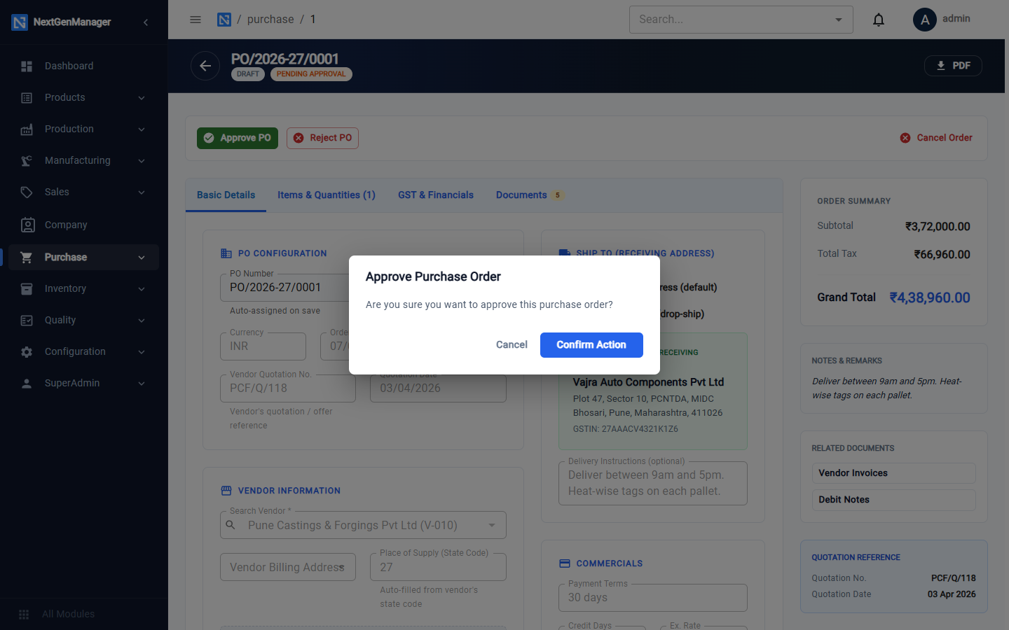 Approving a purchase order