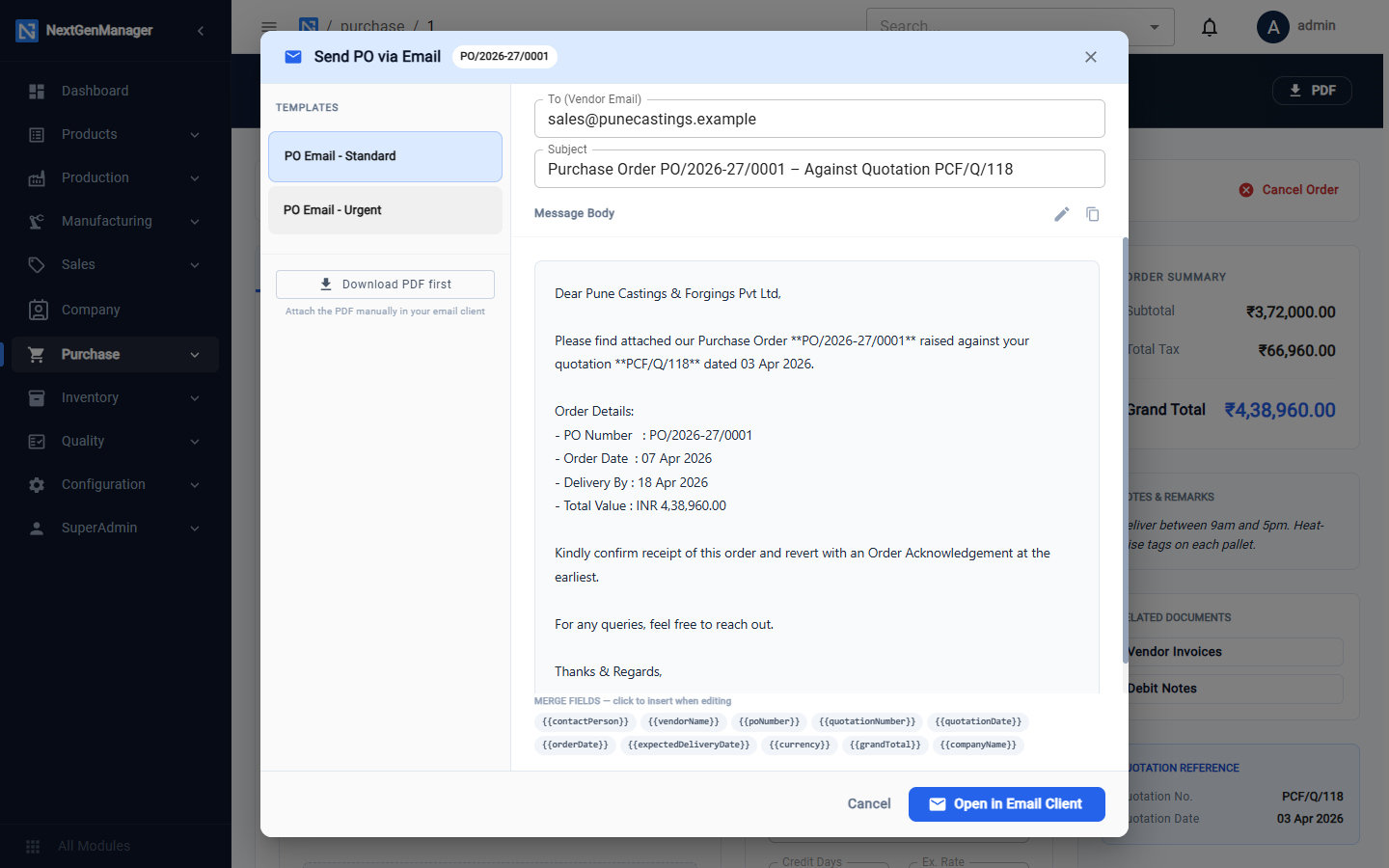 E-mailing a purchase order
