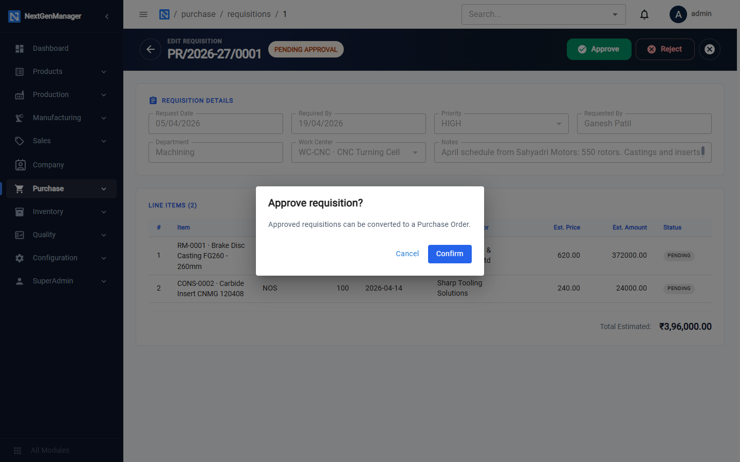Approving a requisition