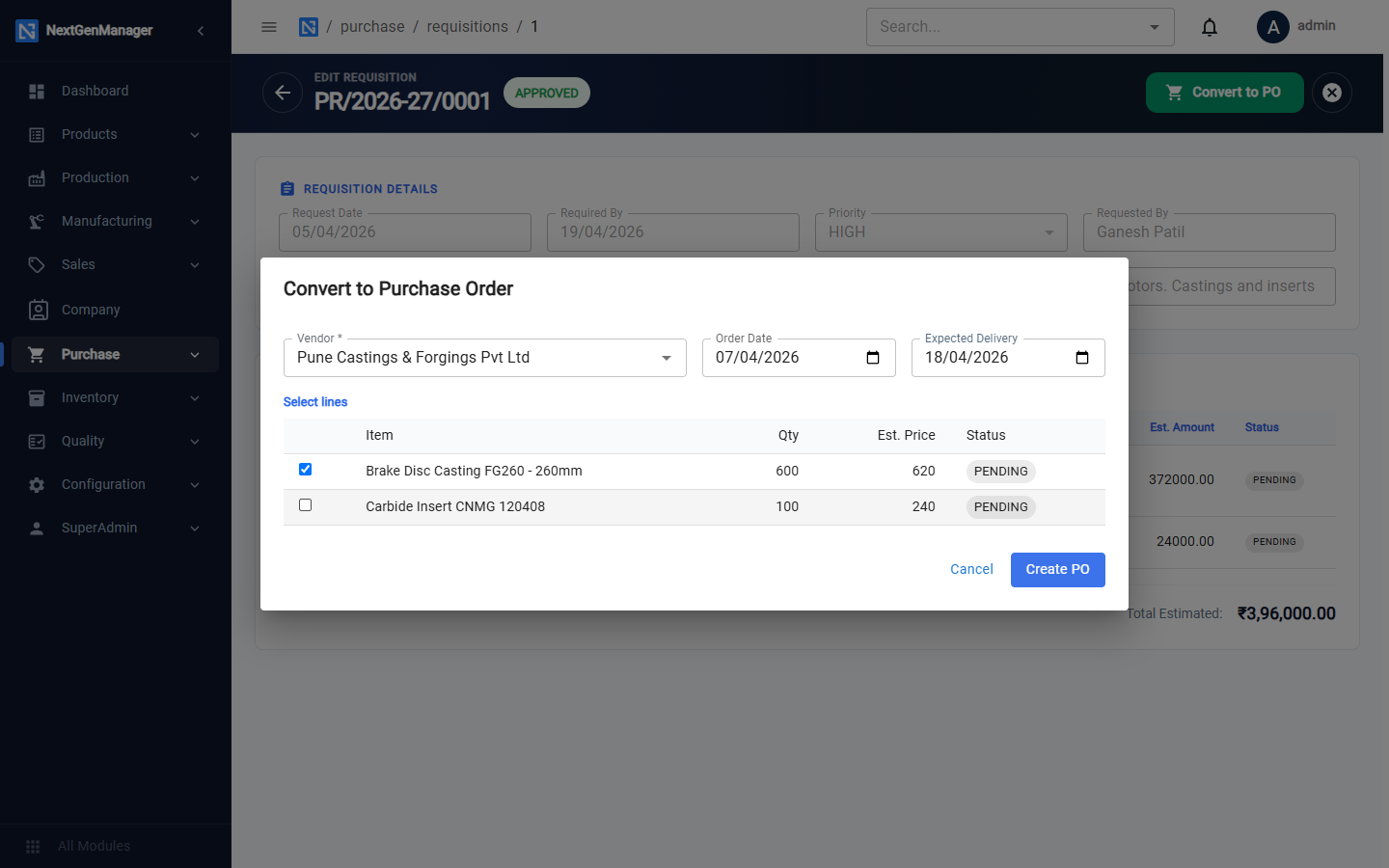Converting a requisition to a purchase order