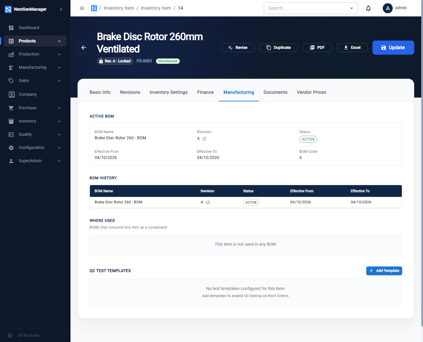 The Manufacturing tab