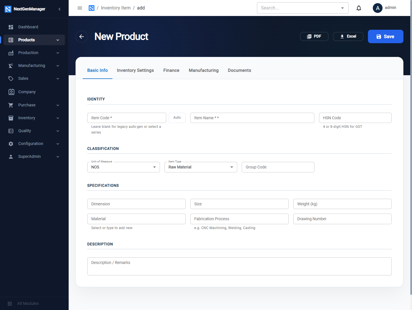A new product, Basic Info tab