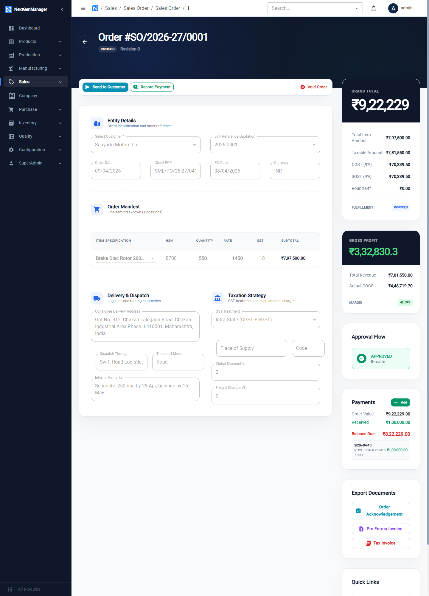 An approved and invoiced sales order