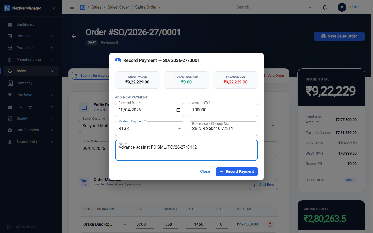 Recording an advance from the customer