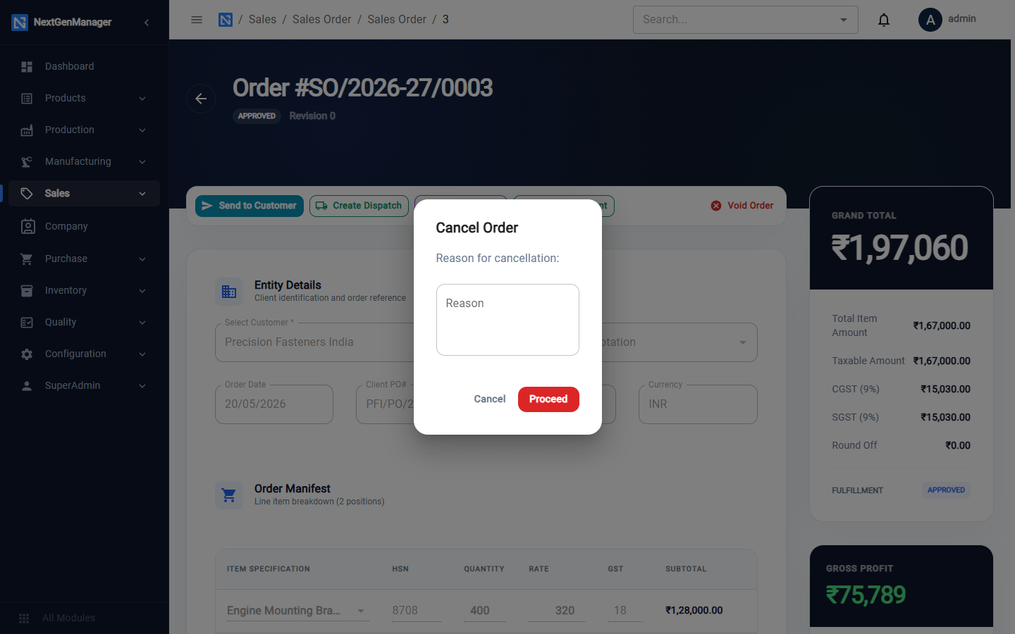 Voiding a sales order