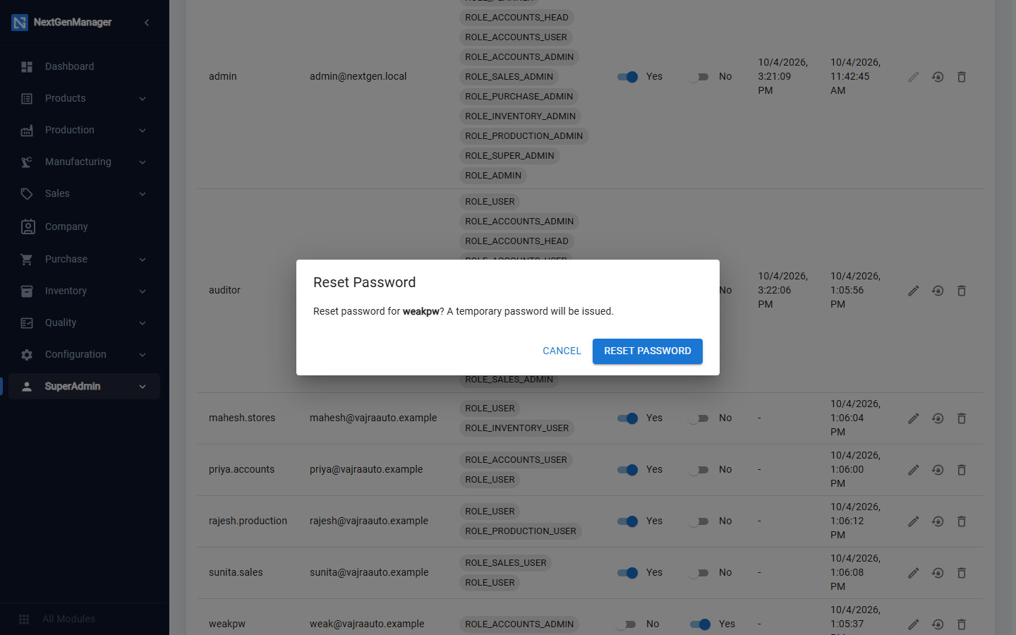Resetting a user's password