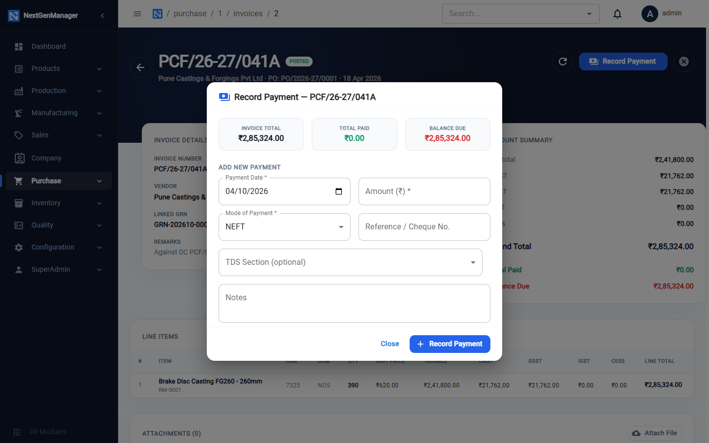 Recording a payment