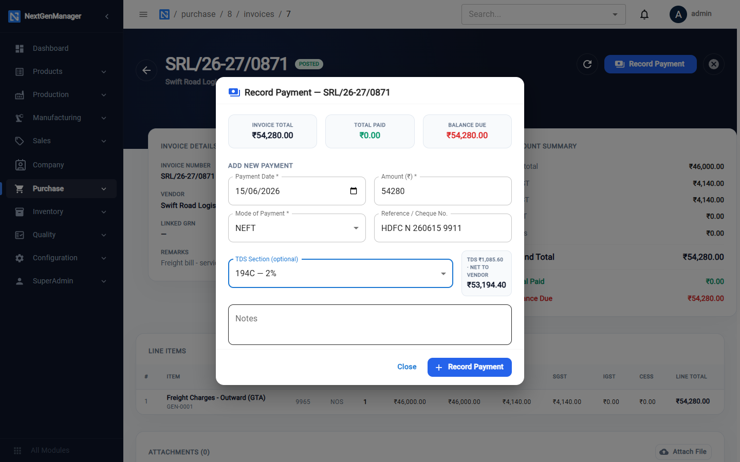 A payment with TDS deducted