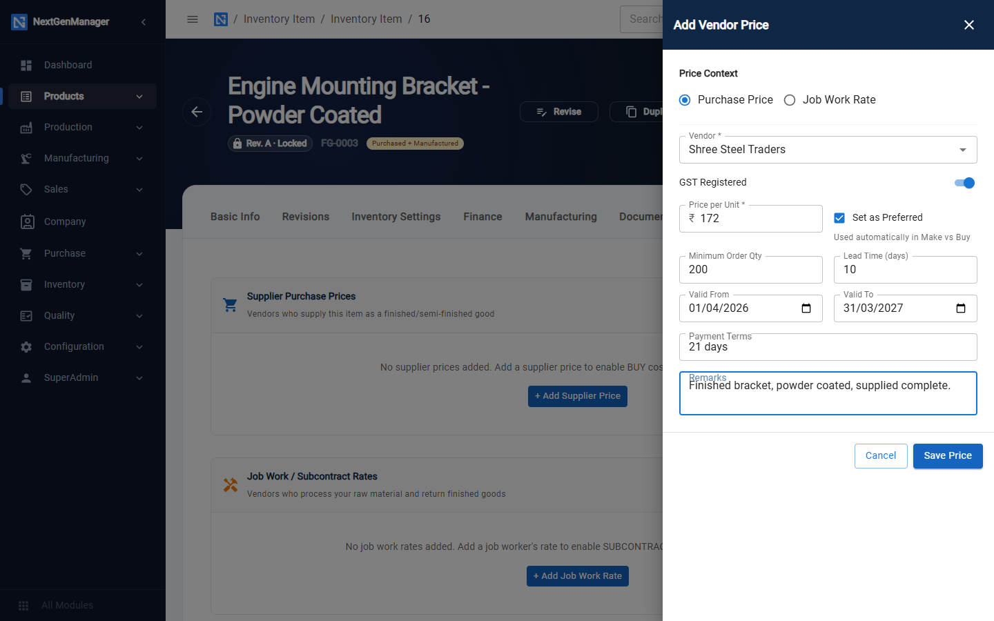 Adding a vendor price