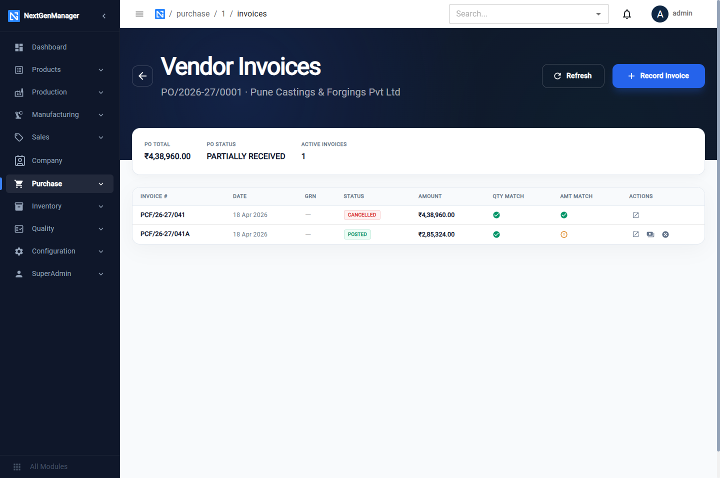 Vendor invoices for one purchase order