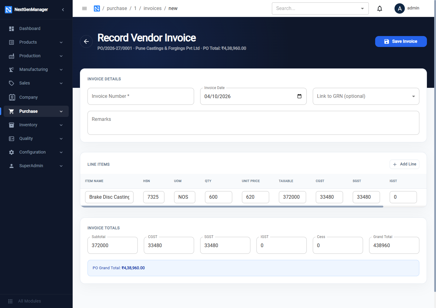 Recording a vendor invoice