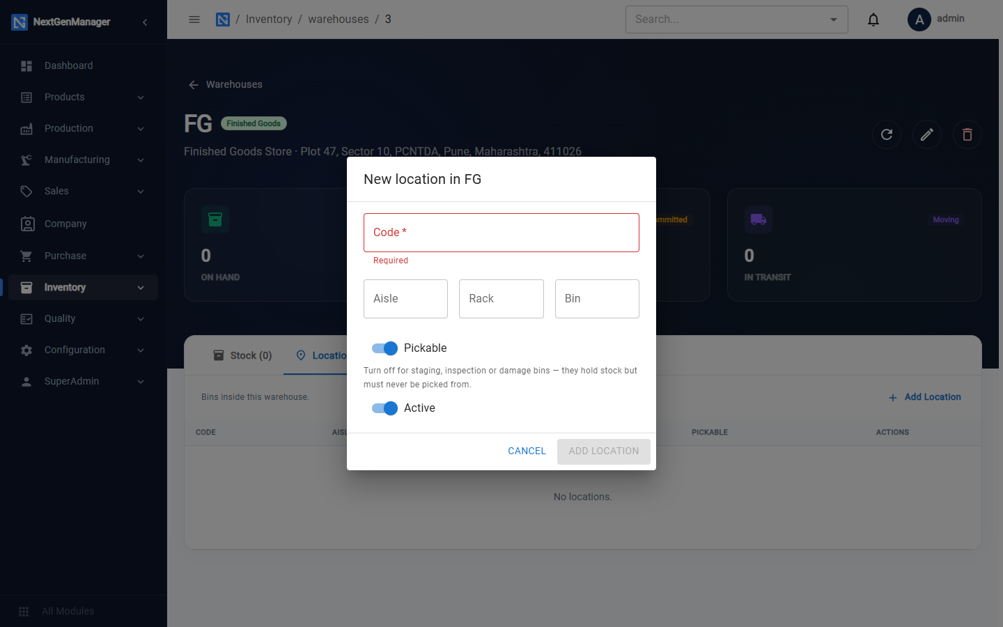 Adding a bin location