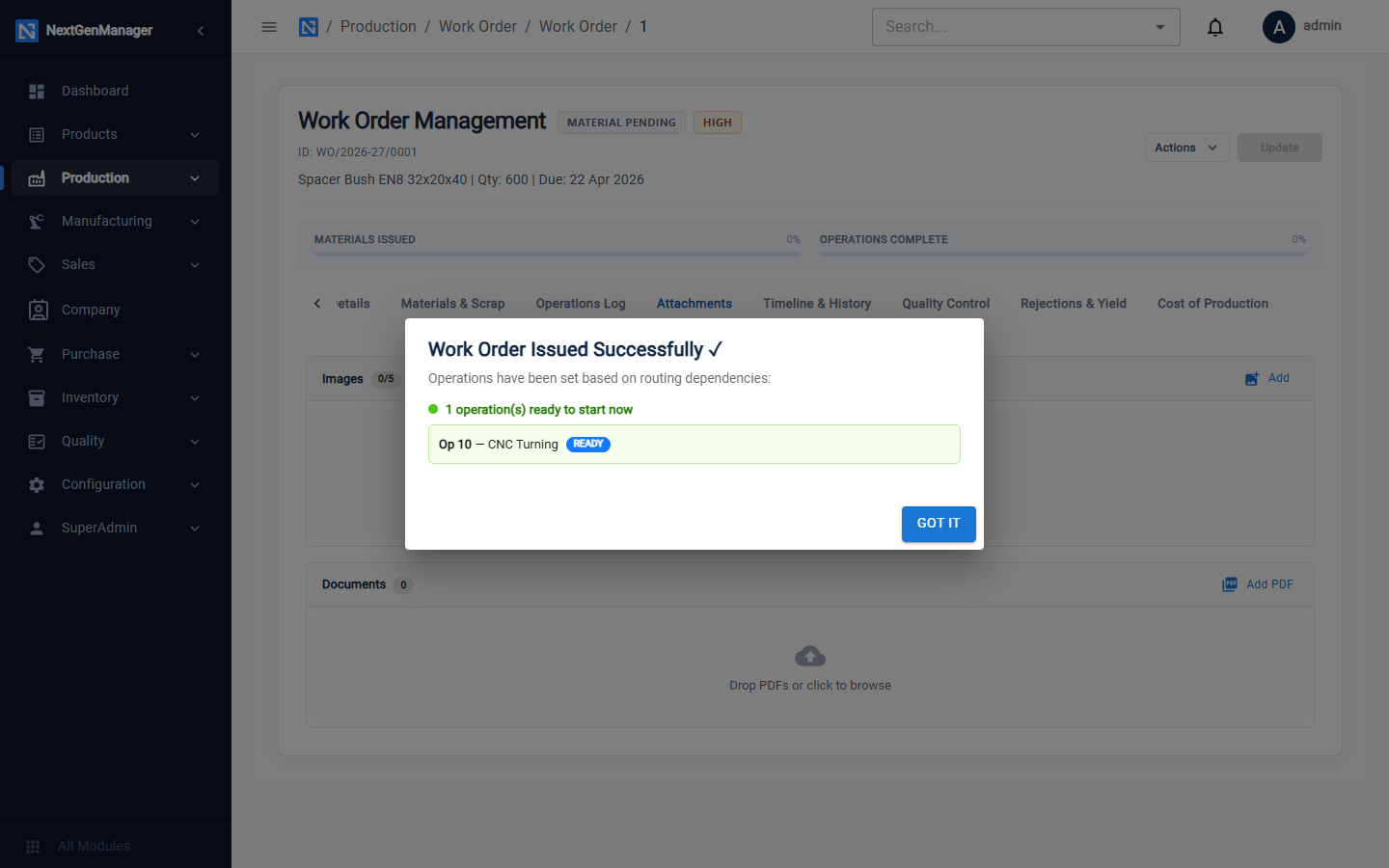 A released work order waiting for material